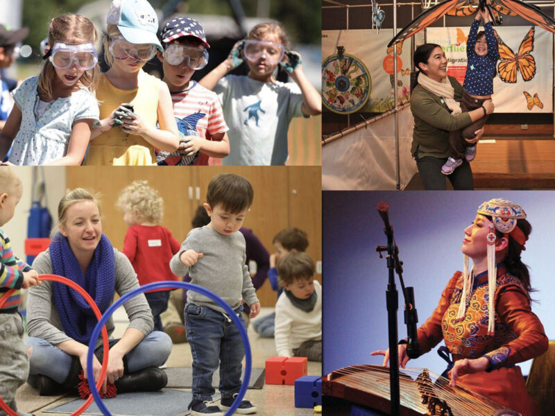 A photo collage showing various engaging scenes of families, children, and adults enjoying different exhibits and activities at the museum.