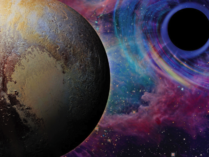 Conceptual space art showing a heavily cratered, distant planet against a colorful nebula with a dark, swirling vortex on the right.