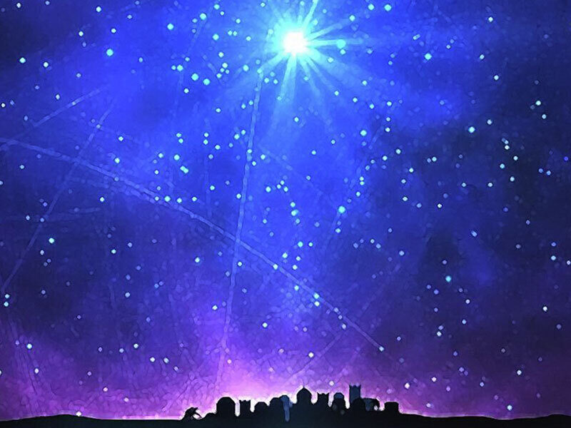 An illustrated dazzling night sky filled with stars and a brilliant starburst, representing the 'Season of Light' planetarium show.