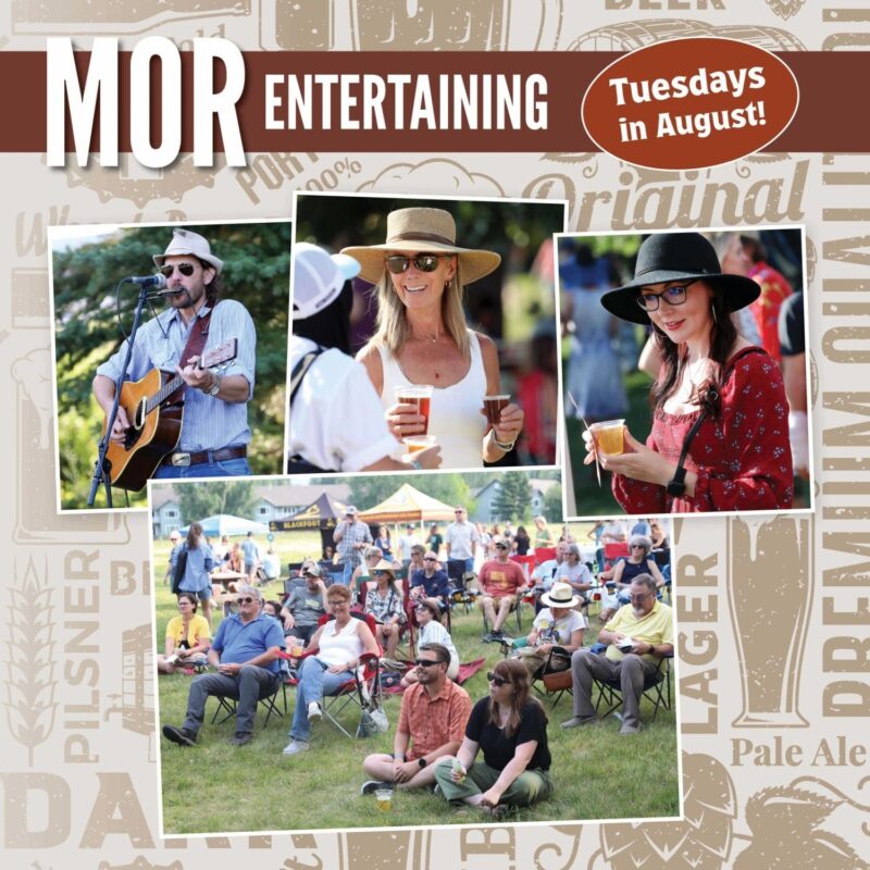 A 2025 promotional collage for "History Under Tap" featuring photos of a live musician, people socializing outdoors, and beer tap handles, with the text "Tuesdays in August!".