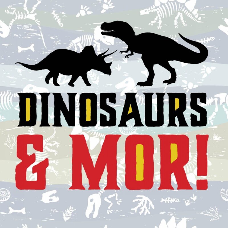 A logo for "Dinosaurs & MOR!" featuring silhouettes of a Triceratops and a T. rex above the text, set against a multi-color background with a pattern of white fossil bones.