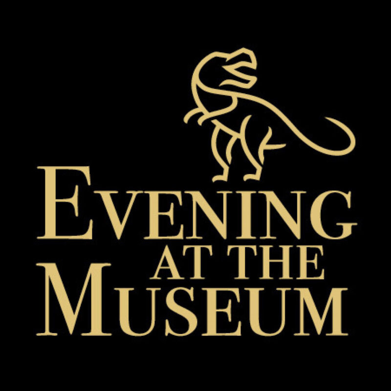 A logo for "Evening at the Museum" featuring a golden T. rex skeleton graphic above the event name on a black background.