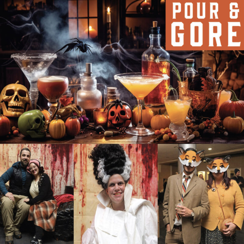 A collage for the "Pour & Gore" event featuring spooky cocktails, decorative skulls, and pumpkins above photos of people in Halloween costumes.
