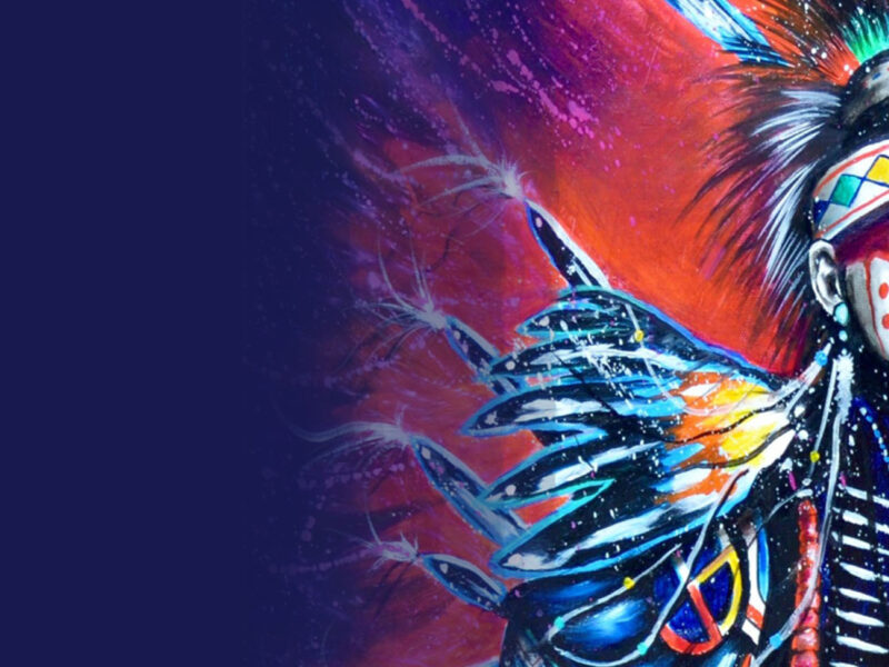 Promotional artwork for the American Indian Council Powwow featuring a dancer in traditional ceremonial dress.